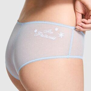 VS PINK Wink Blue Ice Princess Glitter Embroidered Mesh Cheekster Panty Small